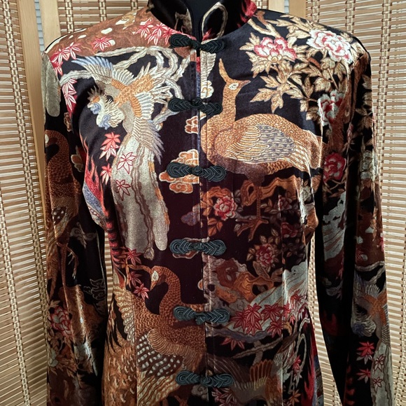 Clio velveteen tunic/long jacket w/beautiful Asian/Oriental/Chinoiserie graphics - Picture 2 of 16